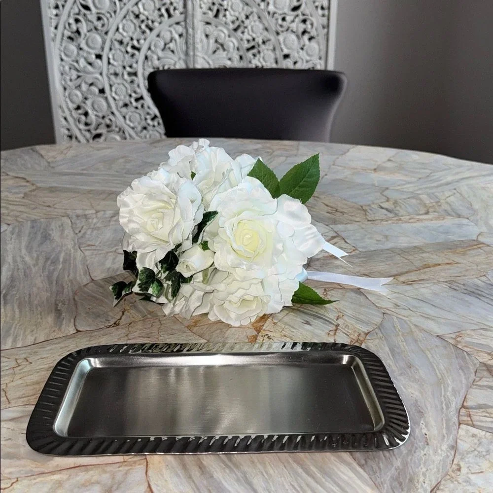 Ross Silver Rectangular Vanity Tray Fluted Border Metallic 9.5x4.5 Made in India